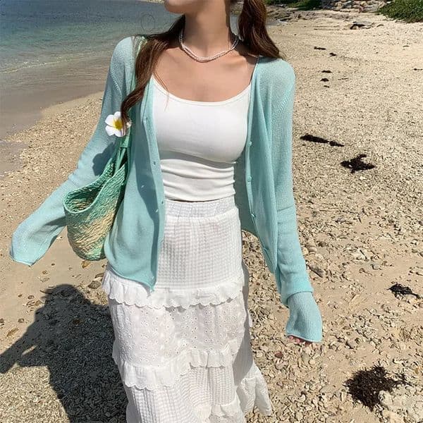 Mint green silk thin womens cardigan wool sweater summer coat air conditioning cover blue top lightweight jacket short jacket 250408