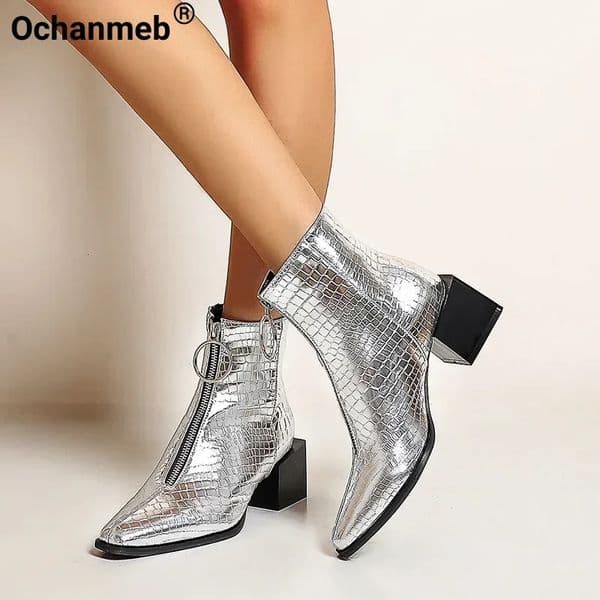 Ochanmeb Big Size 47 48 Silver Ankle Boots for Women Snake Print Front Zipper Booties Woman Chunky Heels Short Biker Boots Shoes 251113