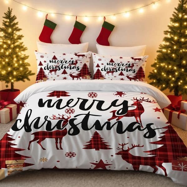 3pcs Christmas Reindeer Print Coreless Bedding Set Multiple Size Bedrooms Dormitories All Season Comfortable Machine Washable 251112