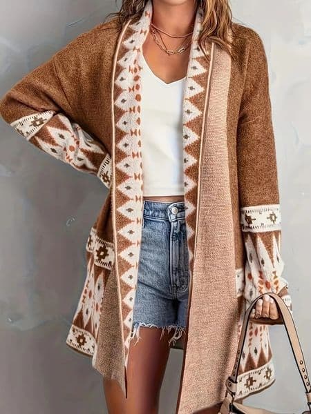 Cardigan Sweater for Women Boho Geometric Print Loose MidLength Knitted Jacket 251113