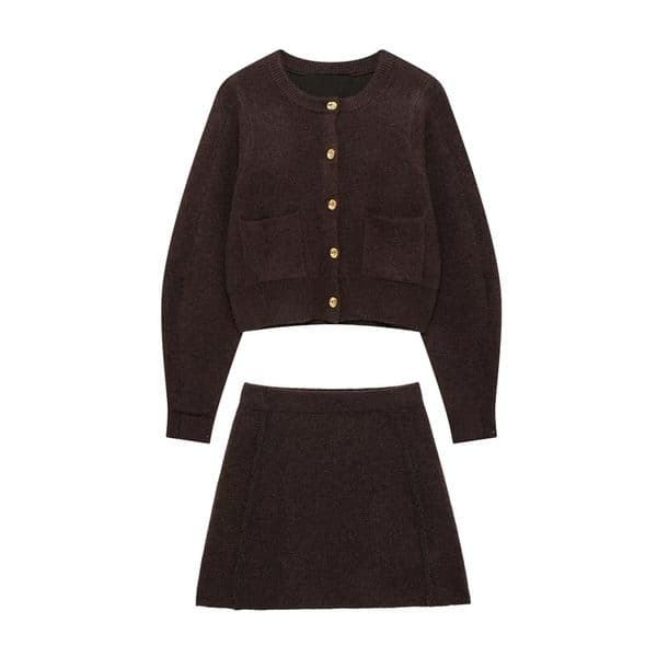 UNIZERA Womens Knitted Set with Gold Buckle Decoration Long Sleeve Top Side Stitching Decorative Skirt Winter Style 251107