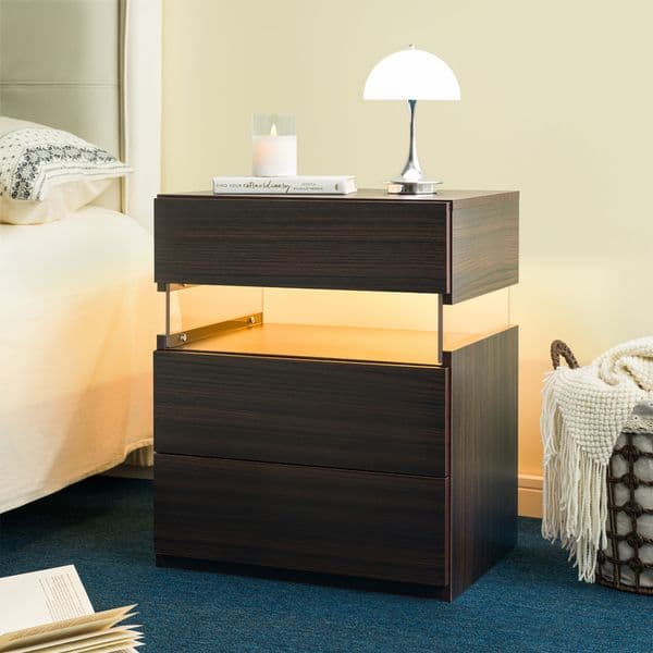 LED Nightstands 3 Drawer Dresser for Bedroom End Table with Acrylic Board LED Bedside Tables (Walnut)