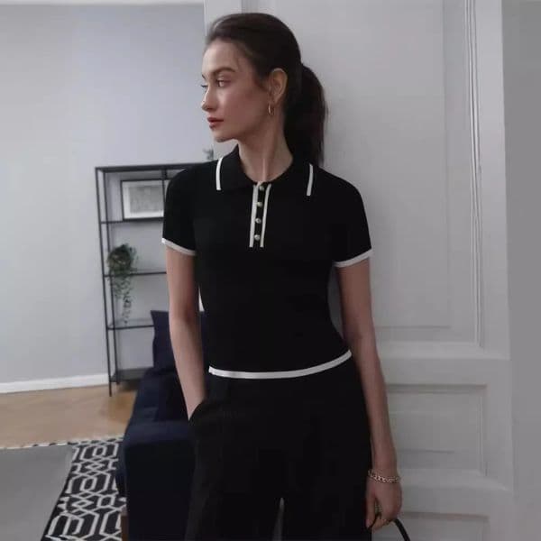Cross border sources European and American womens clothing summer ice silk knitted sweaters French polo necks short sleeved tops 250410BJ
