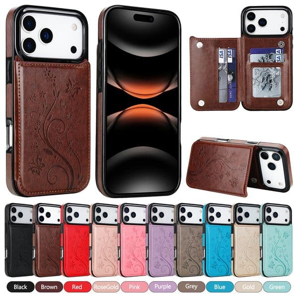 Card Wallet Phone Case for iPhone 17 Air 16 15 14 13 12 11 Pro Max Samsung S25 S24 S23 Ultra Plus Fe A73 A56 A36 A26 A17 5G Multi Card Slots Butterfly Embossed PU Leather Cover