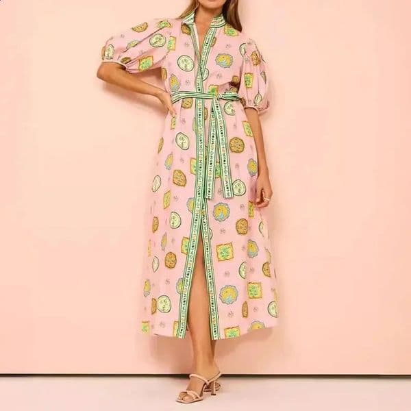 Summer Fashion Elegant Womens Commuting Style Long Skirt Printed Waist Bubble Sleeve Single Chest Robe 250409ZBANJIA