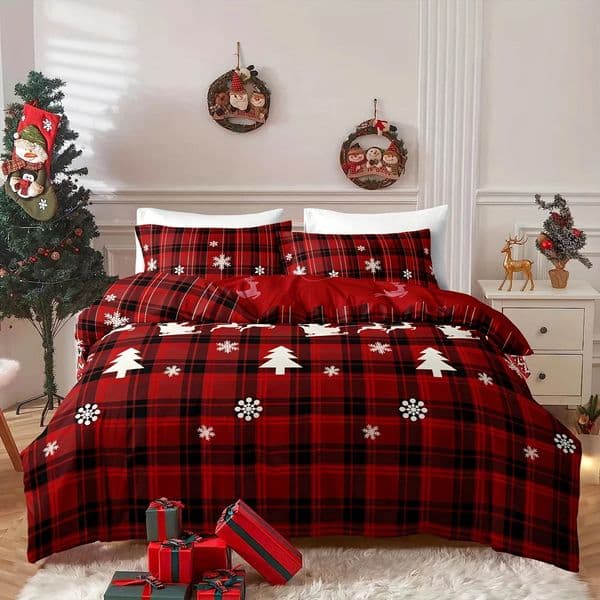 3-Piece Christmas-Themed Duvet Cover Set - Soft Breathable and Hypoallergenic Fabric - Checkered Elk Snowflake Print P 251112