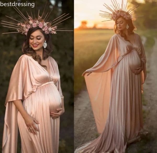 Silk Satin Prom Dress for Women Elegant Pregnancy Maternity Photoshoot Dress with Cape High Quality Baby Shower Gowns Robes De Soiree Custom Made 1114