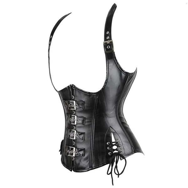 Women Black Underbust Corset Tops Sexy Halter PU Faux Leather Waist Body Shaper Corselet Vest Black Silver W251114
