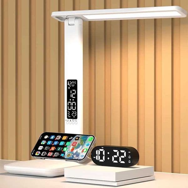 LED Desk Lamp with Clock Calendar Time Display Touch Dimming Adjustable Light Rotatable Folding Reading Lamp for Office BedroomW251114