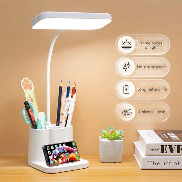Rechargeable LED Table Lamp Pen Holder Eye Care Night Desk Lamp Bedroom Bedside Reading Light for Office Study Stepless DimmingW251115