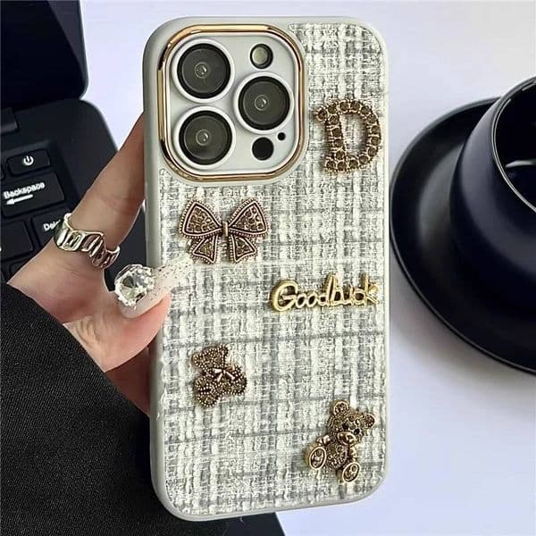 Luxury metal bear flannel pattern silicone phone case for iPhone 16 15 14 13 12 11 Pro Max fine hole lens film shockproof cover