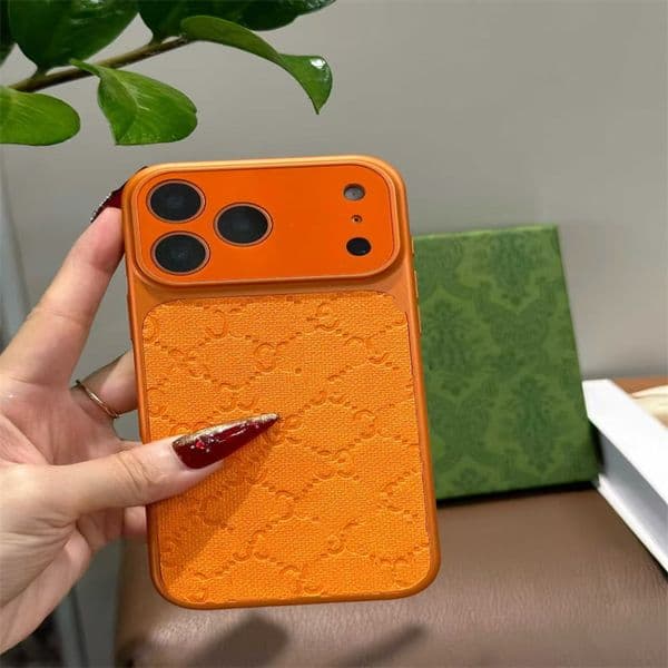Luxury iPhone Case for iPhone 17 Pro Max 17 Pro 16promax 16 15 14 13 Orange Designer Phone Case Embossed Leather Good Grip Shockproof HH Phone Cover for Women Men Gift