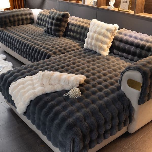 Rabbit Fur Plush Autumn Thickened Leather Non-Slip Seat Cushion Winter Bubble Velvet Sofa Cover Y260520