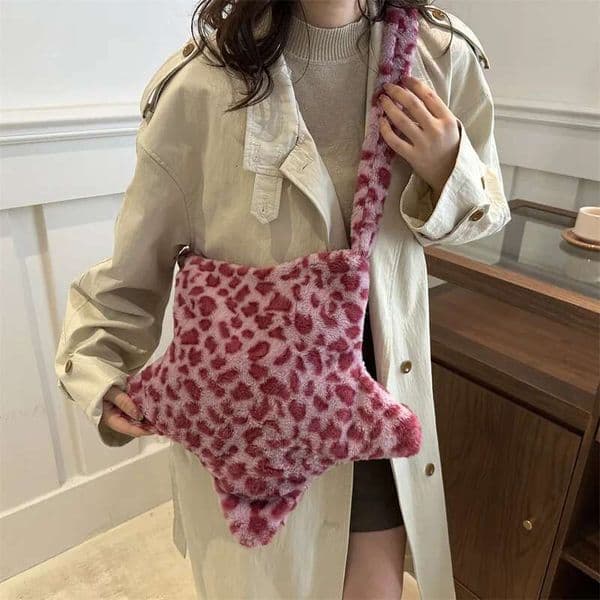 Star Leopard Print Plush Crossbody Bags For Women Furry Large Capacity Girls Shoulder Bag Vintage Tote Handbags Female Purse