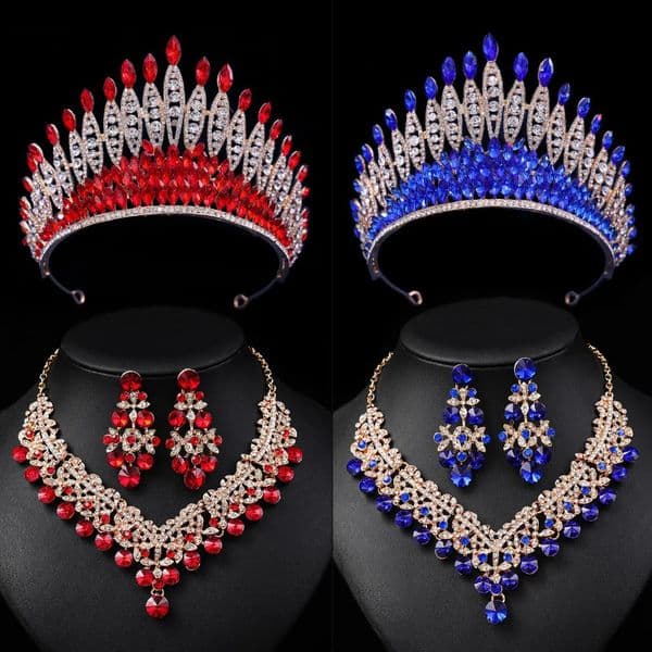 Quality Red Rhinestone Crystal Necklace Earring Crown Bridal Jewelry Sets for Women Bride Wedding Party Tiaras and Crowns Sets 251107