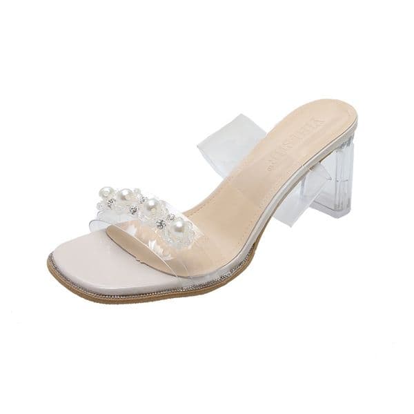 SL09 Chic Rhinestone Embellished Clear Sandals for Women - Stylish Mid-Heel Shoes Perfect for Outdoors