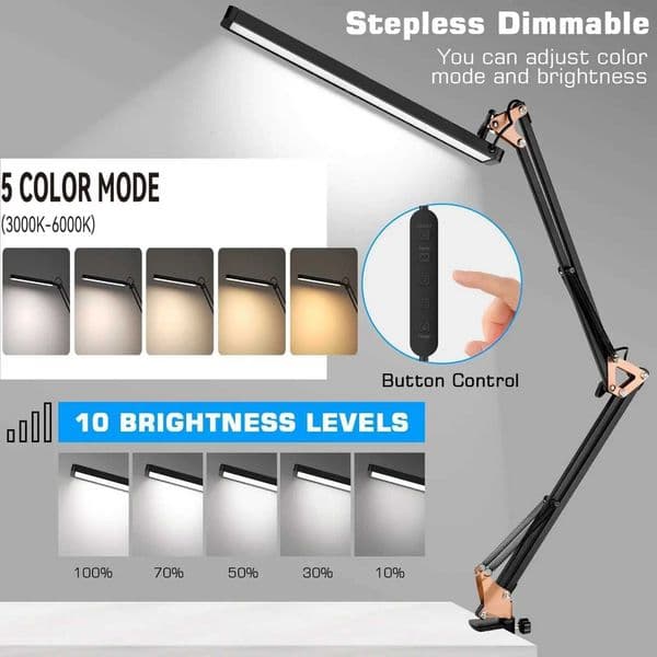 Long Arm LED Desk Lamp with Clamp Foldable and Adjustable Dimmable Eye Caring Light 3 Color Modes for Study Reading Office TableW251115