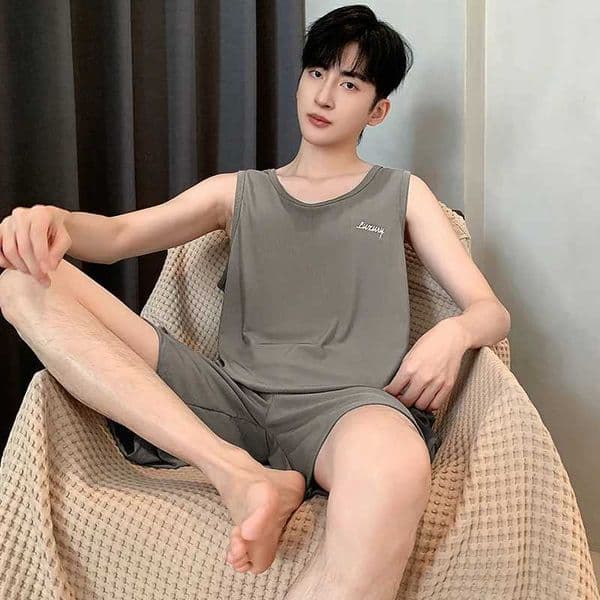Large 5XL Mens Tank Top Sleepwear Set Summer O-neck Zipper Pattern Ice Silk Sleepwear Short Bottom Mens Two Piece Set Mens SleepwearXJ250415