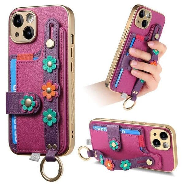 For iPhone 16 15 14 13 12 11 Pro Max Plus Luxury Leather Flower Wristband Card Slot Bag Holder Lens Protective Ring Phone Case