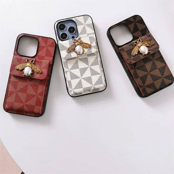 Luxury Card Bag Pearl Inlaid Bee Phone Cover Case For Iphone 16 15 14 13 12 11 Pro Xs Max Xr X 7 8 Plus Pu Leather Coque Fundas