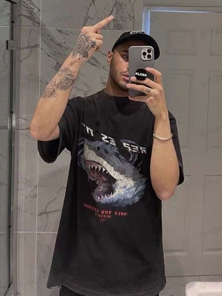 mens t shirt designer t shirt for women shark print washed short sleeved for couple vintage high street distressed T-shirt