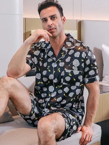 Two piece set of mens pajamas summer short sleeved pajamas floral pattern printed home clothing pajamas setXJ250415