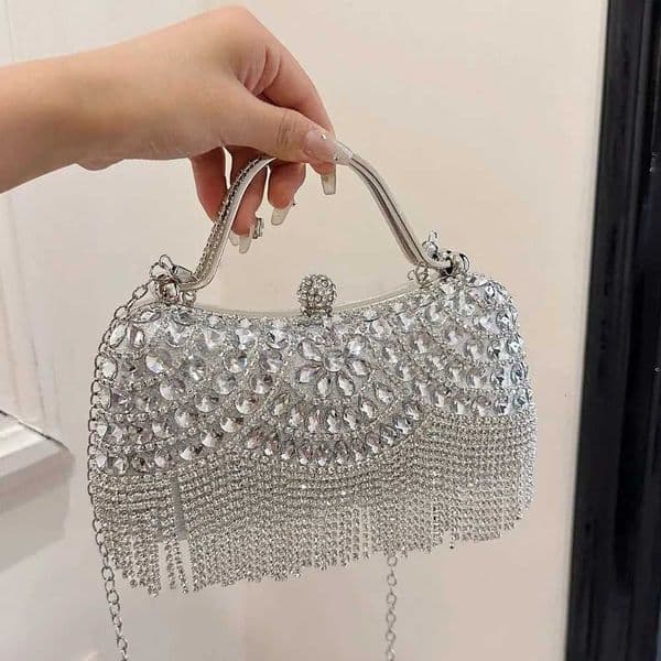 Metal Top Handle Tassel Evening Banquet Bag Glitter Wrist Bag Box Handbag Large Capacity Rhinestone Ladies Clutch Bag Women W251114