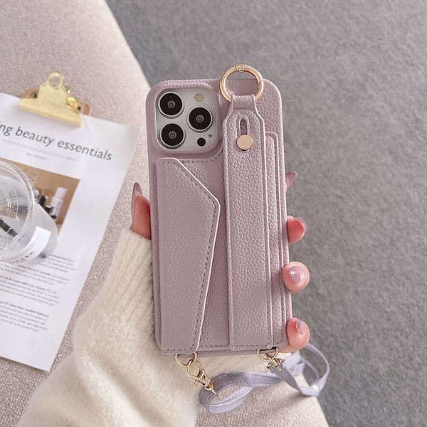 DHelectronics Compatible with iPhone 17 Pro Max Card Slot Phone Samsung S25 Back Cover Protective Leather Case A54 Crossbody Shoulder Strap