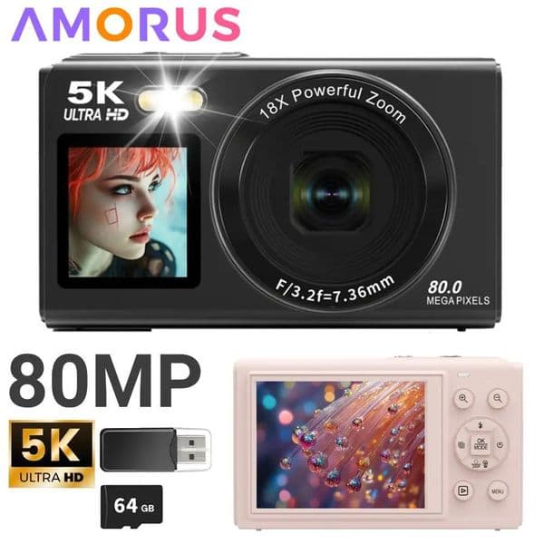 Digital Camera CCD Dual Screen Portable Digital Camera with18X Zoom 5K Vlogging Camera 80MP CCD Selfie Camera with 64GB Card 251114