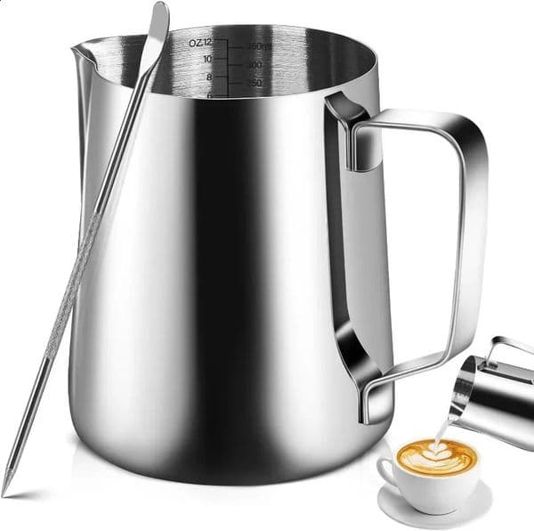 350ml/600ml 12 Oz/20 Oz Milk Frother Steam Canister Stainless Steel Coffee Latte Art Milk Carafe Cup with Art Pen 12 Oz 250414BJ