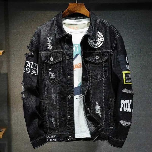 Mens brand denim jacket streetwear punk motorcycle torn printed denim jacket high-quality casual eyelets loose mens jeansXJ250416