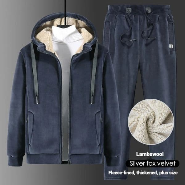 Winter plus size Men Silver Fox Fur Hoodie Lamb Fur Sweatpants Two Piece Set Warm Tracksuit Casual Outfit 251111
