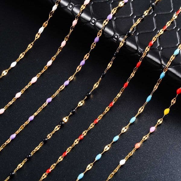2.5mm wide gold stainless steel lip line chain multi-color enamel bead necklace mens fashion jewelry giftXJ250416