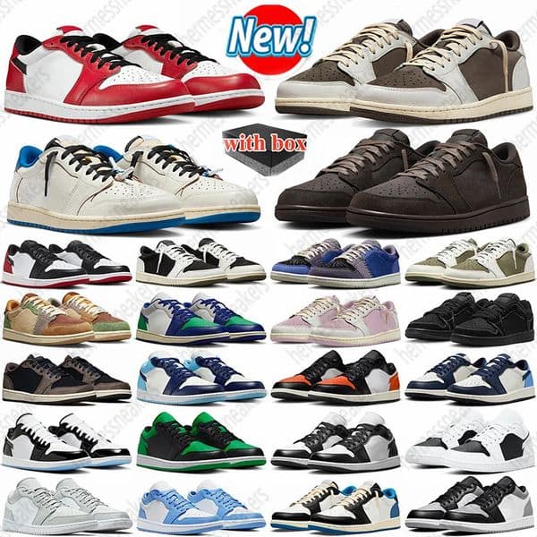With box travisscot 1 1s Low Basketball Shoes Travis Reverse Mocha Medium Olive Blue Black White Sports Sneakers size 36-47