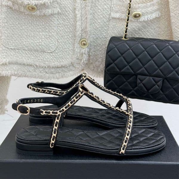 Top quality Simple fashion Real leather Chain flat sandal slides buckle Women's Beach flats Vacation shoes Luxury designer shoe woman sandals Walking girl shoes