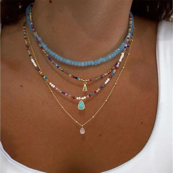 Vintage colored bead artificial pearl letter pendant chain necklace for womens fashion multi-layer Bohemian necklaceXJ250416