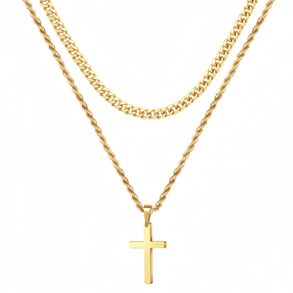 2026 Stylish Stainless Steel Men's Cross Necklace with Double-Layer Rope Chain