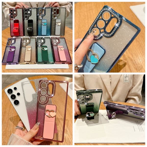 S25 Ultra Wristband Wrist Band Strap Case For Samsung S24 FE S23 Plus A56 A36 A26 A16 A06 A55 A25 A15 Push Grip Holder Heart Love Bling Diamond Glitter TPU
