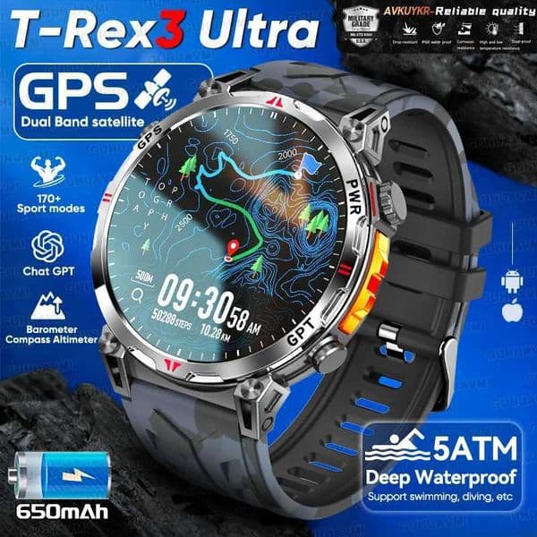 2025New Military T-Rex3 Ultra GPS SmartWatch Built in GPS Compass Altimeter Barometer 5ATM Waterproof 650mAh Sports Bracelet MenM251117