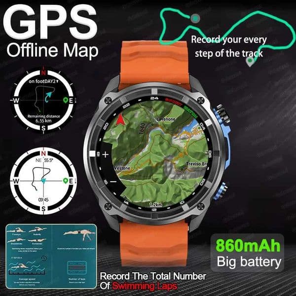 2025 New Built-in GPS SmartWatch Offline Map 4GB Memory 5ATM Waterproof Swimming Men Militray Outdoor Sports Smart Watch For ManM251117