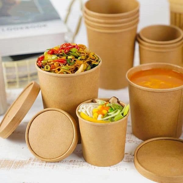 Disposable Biodegradable 8oz 12oz 16oz 26oz 32oz Take Away Food Kraft Paper Soup Bowl Cup Container With PP or Paper Lid For Hot