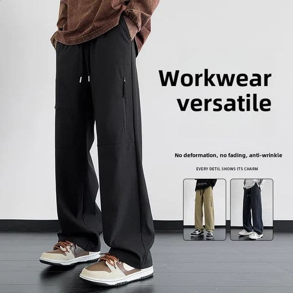 Casual straight hiking pants mens bag wide leg work loose clothing closeup Harajuku fashion 250407