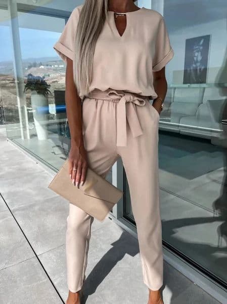 Womens solid color short sleeved V-neck pocket lace pencil pants summer jumpsuit 250410BJ