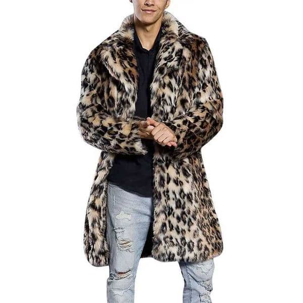 Mens Fashion Leopard Faux Fur Overcoat Winter Warm Extra Long Fur Jacket For Male Stylish Long Fur Outerwear Coat Parkas C251117