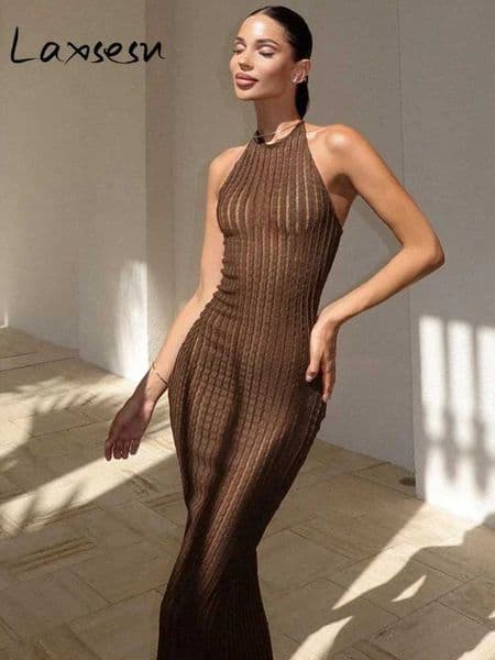 Laxsesu Knitted Hollow Womens Long Skirt Sexy Transparent Backless Ultra Thin Beach Dress 2024 Summer Holiday Party DressXJ250417