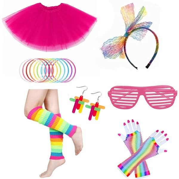 7 pieces of 80s clothing accessories including headbands earrings leg warmers etc are suitable for colorful era theme parties dance party disco halloween
