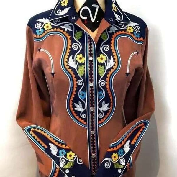 Women Vintage Print Long Sleeve Button Down Slim Shirt 2024 Spring Lady Retro Blouse Tops