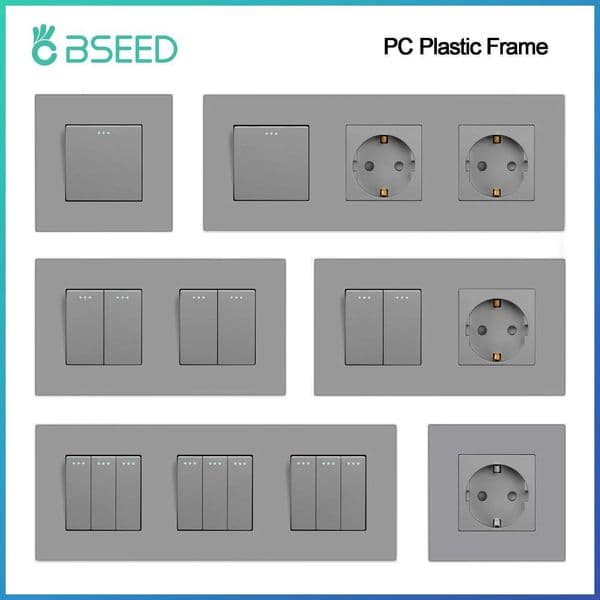 BSEED Button Light Switch 1/2/3Gang 1Way Wall Light Switch Plus Wall Power Socket Gray Plastic Frame Switch On OffW251117