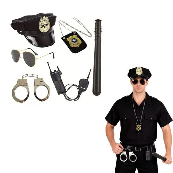 Six police officer uniform accessories, hats, police badges, sunglasses and props, etc. for police Swat FBI role-playing