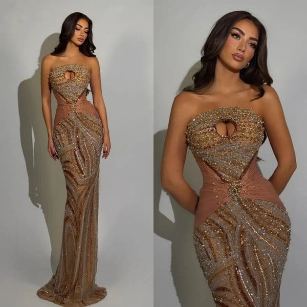 Gorgeous Strapless Evening Dresses Pearls Sequins Prom Gown Sleeveless Princess Illusion Mermaid Customized Vestidos De Noche Plus Size